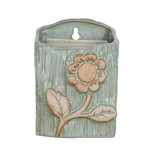 GloboStar® Artificial Garden BILBAO 20536 Διακοσμητικό Κεραμική Επιτοίχια Γλάστρα Πράσινη με Μπεζ Λεπτομέρειες Μ13 x Π10  x Υ17cm