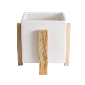 GloboStar® Artificial Garden VALETA 20541 Διακοσμητικό Κεραμικό Κασπώ Γλάστρα – Flower Pot Λευκό με Μπεζ Ξύλο Φ16 x Υ16cm