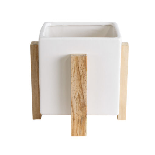 GloboStar® Artificial Garden VALETA 20541 Διακοσμητικό Κεραμικό Κασπώ Γλάστρα – Flower Pot Λευκό με Μπεζ Ξύλο Φ16 x Υ16cm