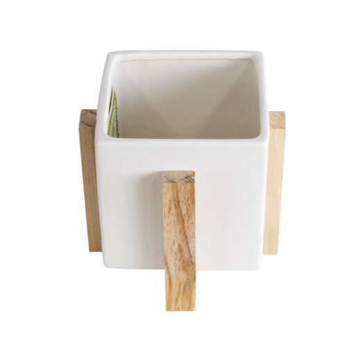 GloboStar® Artificial Garden VALETA 20541 Διακοσμητικό Κεραμικό Κασπώ Γλάστρα – Flower Pot Λευκό με Μπεζ Ξύλο Φ16 x Υ16cm