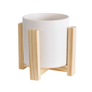 GloboStar® Artificial Garden PUERTO RICO 20542 Διακοσμητικό Κεραμικό Κασπώ Γλάστρα – Flower Pot Λευκό με Μπεζ Ξύλο Φ16 x Υ16cm