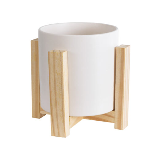 GloboStar® Artificial Garden PUERTO RICO 20542 Διακοσμητικό Κεραμικό Κασπώ Γλάστρα – Flower Pot Λευκό με Μπεζ Ξύλο Φ16 x Υ16cm