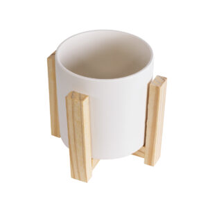 GloboStar® Artificial Garden PUERTO RICO 20542 Διακοσμητικό Κεραμικό Κασπώ Γλάστρα – Flower Pot Λευκό με Μπεζ Ξύλο Φ16 x Υ16cm