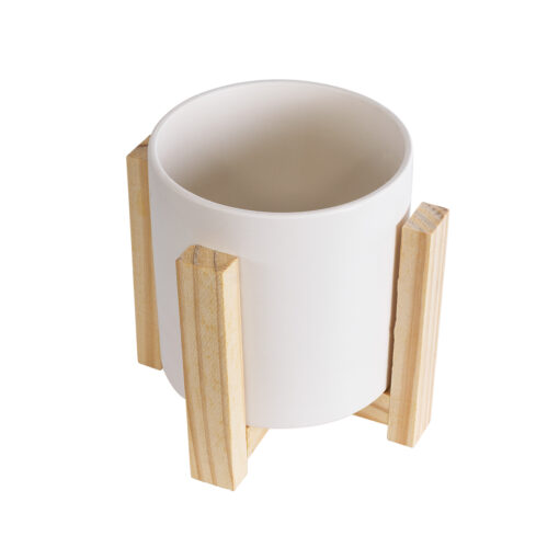GloboStar® Artificial Garden PUERTO RICO 20542 Διακοσμητικό Κεραμικό Κασπώ Γλάστρα – Flower Pot Λευκό με Μπεζ Ξύλο Φ16 x Υ16cm