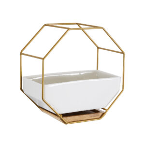 GloboStar® Artificial Garden MANDRITE 20556 Διακοσμητικό Κεραμικό Κασπώ Γλάστρα – Flower Pot Λευκό με Χρυσό Μεταλλικό Πλέγμα και Καφέ Ξύλινη Βάση Μ18 x Π10 x Υ18cm