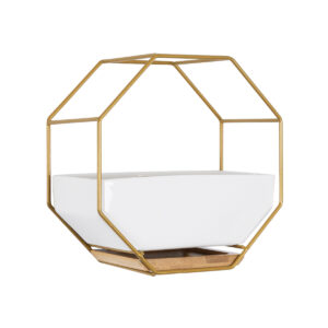 GloboStar® Artificial Garden MANDRITE 20556 Διακοσμητικό Κεραμικό Κασπώ Γλάστρα – Flower Pot Λευκό με Χρυσό Μεταλλικό Πλέγμα και Καφέ Ξύλινη Βάση Μ18 x Π10 x Υ18cm