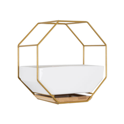 GloboStar® Artificial Garden MANDRITE 20556 Διακοσμητικό Κεραμικό Κασπώ Γλάστρα – Flower Pot Λευκό με Χρυσό Μεταλλικό Πλέγμα και Καφέ Ξύλινη Βάση Μ18 x Π10 x Υ18cm