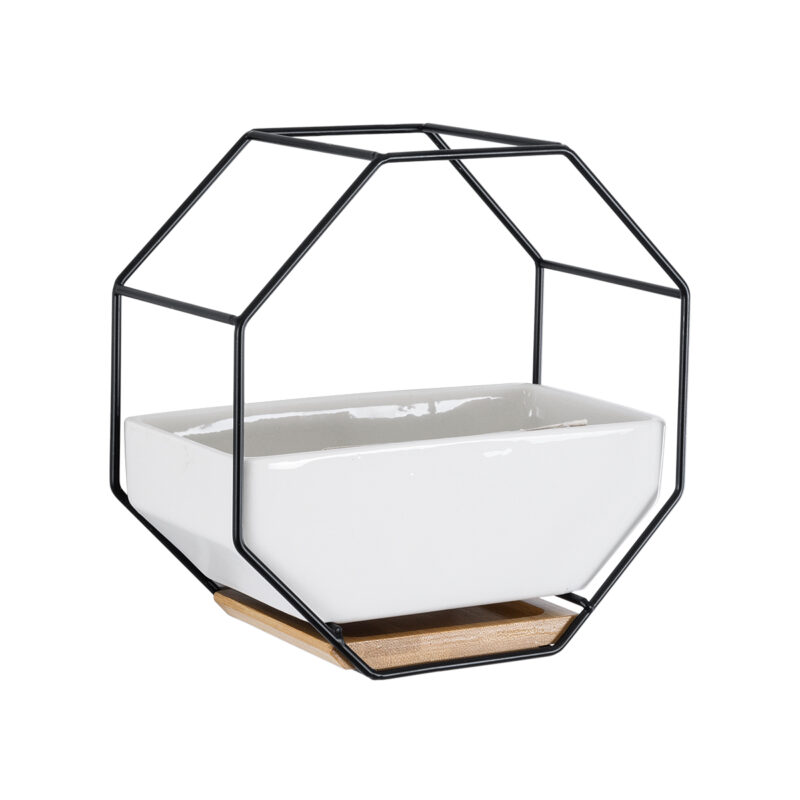 GloboStar® Artificial Garden BIANCO 20557 Διακοσμητικό Κεραμικό Κασπώ Γλάστρα – Flower Pot Λευκό με Μαύρο Μεταλλικό Πλέγμα και Καφέ Ξύλινη Βάση Μ18 x Π10 x Υ18cm