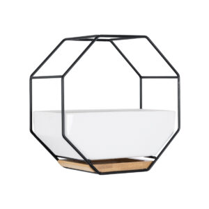 GloboStar® Artificial Garden BIANCO 20557 Διακοσμητικό Κεραμικό Κασπώ Γλάστρα – Flower Pot Λευκό με Μαύρο Μεταλλικό Πλέγμα και Καφέ Ξύλινη Βάση Μ18 x Π10 x Υ18cm