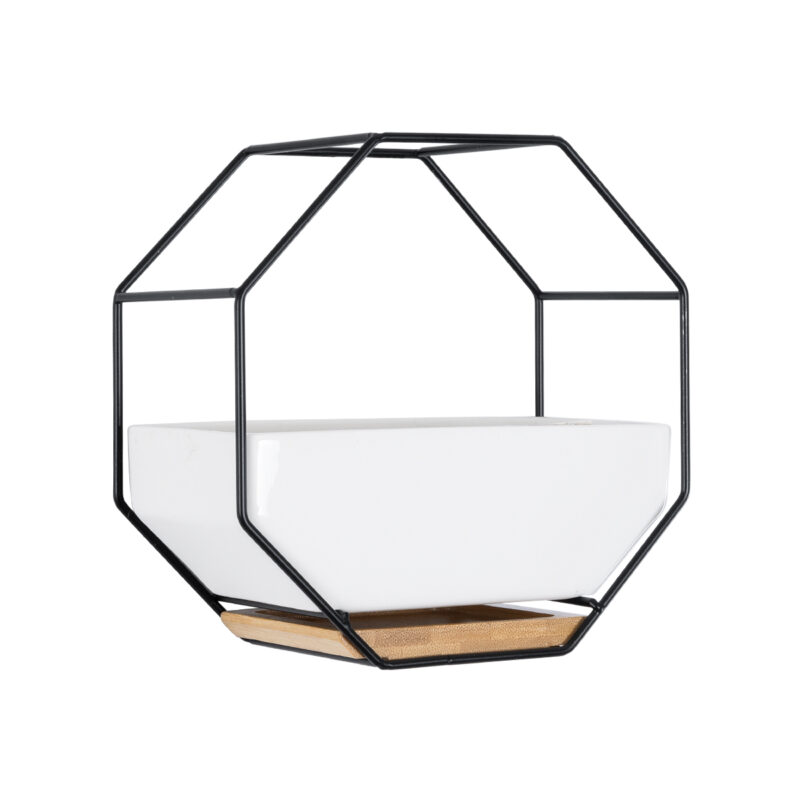 GloboStar® Artificial Garden BIANCO 20557 Διακοσμητικό Κεραμικό Κασπώ Γλάστρα – Flower Pot Λευκό με Μαύρο Μεταλλικό Πλέγμα και Καφέ Ξύλινη Βάση Μ18 x Π10 x Υ18cm