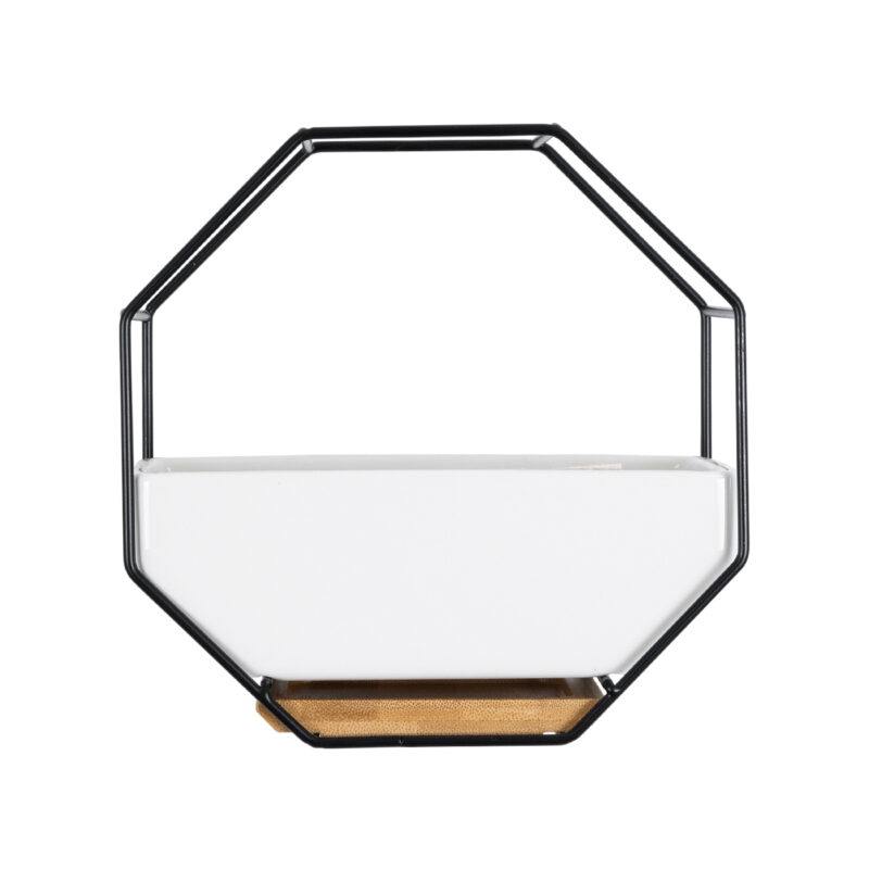 GloboStar® Artificial Garden BIANCO 20557 Διακοσμητικό Κεραμικό Κασπώ Γλάστρα – Flower Pot Λευκό με Μαύρο Μεταλλικό Πλέγμα και Καφέ Ξύλινη Βάση Μ18 x Π10 x Υ18cm