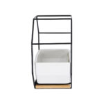 GloboStar® Artificial Garden BIANCO 20557 Διακοσμητικό Κεραμικό Κασπώ Γλάστρα – Flower Pot Λευκό με Μαύρο Μεταλλικό Πλέγμα και Καφέ Ξύλινη Βάση Μ18 x Π10 x Υ18cm