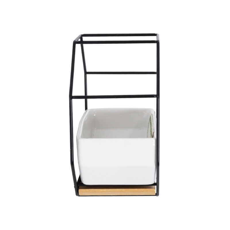 GloboStar® Artificial Garden BIANCO 20557 Διακοσμητικό Κεραμικό Κασπώ Γλάστρα – Flower Pot Λευκό με Μαύρο Μεταλλικό Πλέγμα και Καφέ Ξύλινη Βάση Μ18 x Π10 x Υ18cm