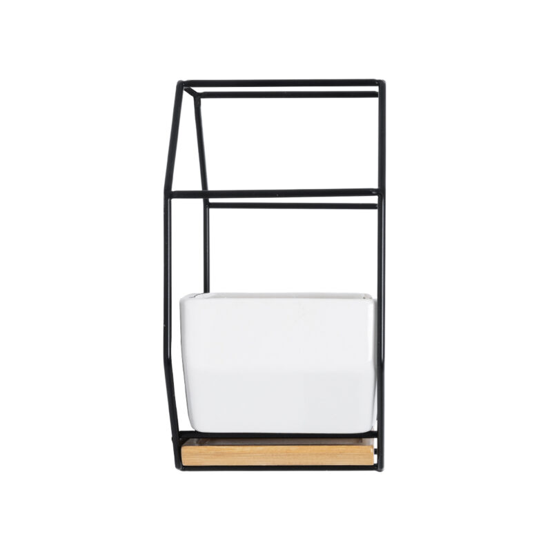 GloboStar® Artificial Garden BIANCO 20557 Διακοσμητικό Κεραμικό Κασπώ Γλάστρα – Flower Pot Λευκό με Μαύρο Μεταλλικό Πλέγμα και Καφέ Ξύλινη Βάση Μ18 x Π10 x Υ18cm