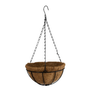 GloboStar® Artificial Garden SALAMINA 20560 Κρεμαστό Διακοσμητικό Κασπώ Γλάστρα – Flower Pot από Φλοιό Καρύδας Καφέ με Μαύρη Μεταλλική Βάση Φ25 x Υ14cm