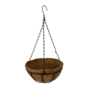 GloboStar® Artificial Garden SALAMINA 20560 Κρεμαστό Διακοσμητικό Κασπώ Γλάστρα – Flower Pot από Φλοιό Καρύδας Καφέ με Μαύρη Μεταλλική Βάση Φ25 x Υ14cm