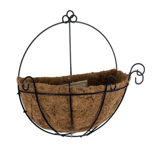 GloboStar® Artificial Garden KOUFONISIA 20562 Κρεμαστό Διακοσμητικό Κασπώ Γλάστρα – Flower Pot από Φλοιό Καρύδας Καφέ με Μαύρη Μεταλλική Βάση Φ30 x Υ33cm