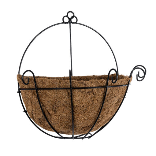 GloboStar® Artificial Garden KOUFONISIA 20562 Κρεμαστό Διακοσμητικό Κασπώ Γλάστρα – Flower Pot από Φλοιό Καρύδας Καφέ με Μαύρη Μεταλλική Βάση Φ30 x Υ33cm