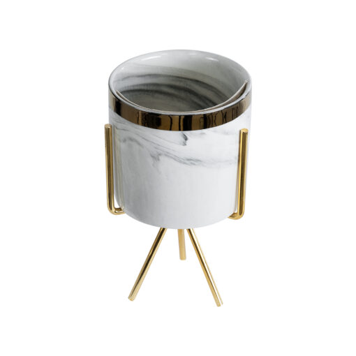GloboStar® Artificial Garden ALASKA 20565 Διακοσμητικό Κεραμικό Κασπώ Γλάστρα – Flower Pot Λευκό με Χρυσή Μεταλλική Βάση και Μαύρες Λεπτομέρειες Φ8 x Υ15cm