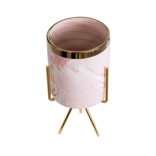 GloboStar® Artificial Garden COLORADO 20566 Διακοσμητικό Κεραμικό Κασπώ Γλάστρα – Flower Pot Ροζ με Χρυσή Μεταλλική Βάση και Λευκές Λεπτομέρειες Φ8 x Υ17cm