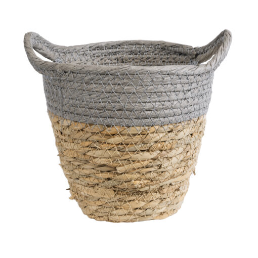 GloboStar® Artificial Garden SYROS 20570 Διακοσμητικό Πλεκτό Κασπώ Γλάστρα – Flower Pot Μπεζ με Γκρι Φ17 x Υ16cm