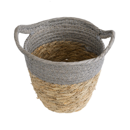 GloboStar® Artificial Garden SYROS 20570 Διακοσμητικό Πλεκτό Κασπώ Γλάστρα – Flower Pot Μπεζ με Γκρι Φ17 x Υ16cm