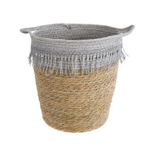 GloboStar® Artificial Garden SYROS 20571 Διακοσμητικό Πλεκτό Κασπώ Γλάστρα – Flower Pot Μπεζ με Γκρι Φ26 x Υ28cm