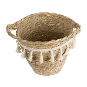 GloboStar® Artificial Garden SANTORINI 20572 Διακοσμητικό Πλεκτό Κασπώ Γλάστρα – Flower Pot Μπεζ με Λευκό Φ17 x Υ16cm