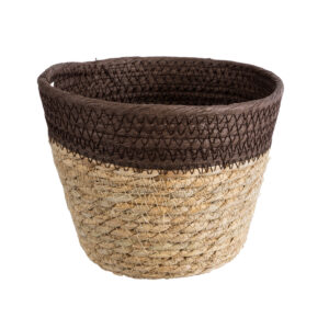 GloboStar® Artificial Garden LEFKADA 20574 Διακοσμητικό Πλεκτό Κασπώ Γλάστρα – Flower Pot Μπεζ με Καφέ Φ18 x Υ15cm