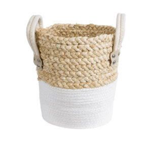 GloboStar® Artificial Garden NEVADA 20575 Διακοσμητικό Πλεκτό Κασπώ Γλάστρα – Flower Pot Μπεζ με Λευκό Φ23 x Υ23cm