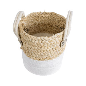 GloboStar® Artificial Garden NEVADA 20575 Διακοσμητικό Πλεκτό Κασπώ Γλάστρα – Flower Pot Μπεζ με Λευκό Φ23 x Υ23cm