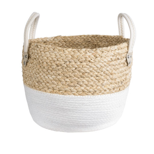 GloboStar® Artificial Garden NEVADA 20577 Διακοσμητικό Πλεκτό Κασπώ Γλάστρα – Flower Pot Μπεζ με Λευκό Φ33 x Υ28cm