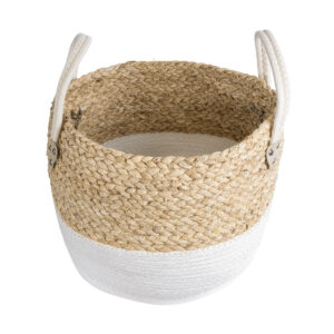 GloboStar® Artificial Garden NEVADA 20577 Διακοσμητικό Πλεκτό Κασπώ Γλάστρα – Flower Pot Μπεζ με Λευκό Φ33 x Υ28cm