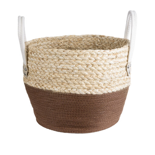 GloboStar® Artificial Garden CAROLINA 20580 Διακοσμητικό Πλεκτό Κασπώ Γλάστρα – Flower Pot Μπεζ με Καφέ και Λευκό Φ33 x Υ28cm