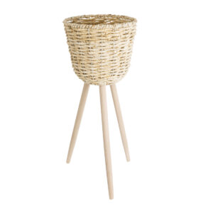 GloboStar® Artificial Garden LIMNOS 20582 Διακοσμητικό Πλεκτό Κασπώ Γλάστρα – Flower Pot Μπεζ με Μπεζ Ξύλο Φ26 x Υ66cm