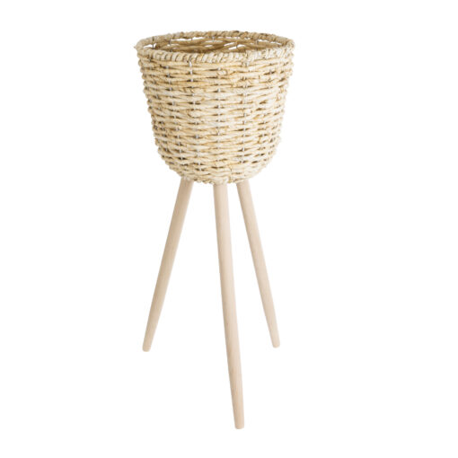 GloboStar® Artificial Garden LIMNOS 20582 Διακοσμητικό Πλεκτό Κασπώ Γλάστρα – Flower Pot Μπεζ με Μπεζ Ξύλο Φ26 x Υ66cm