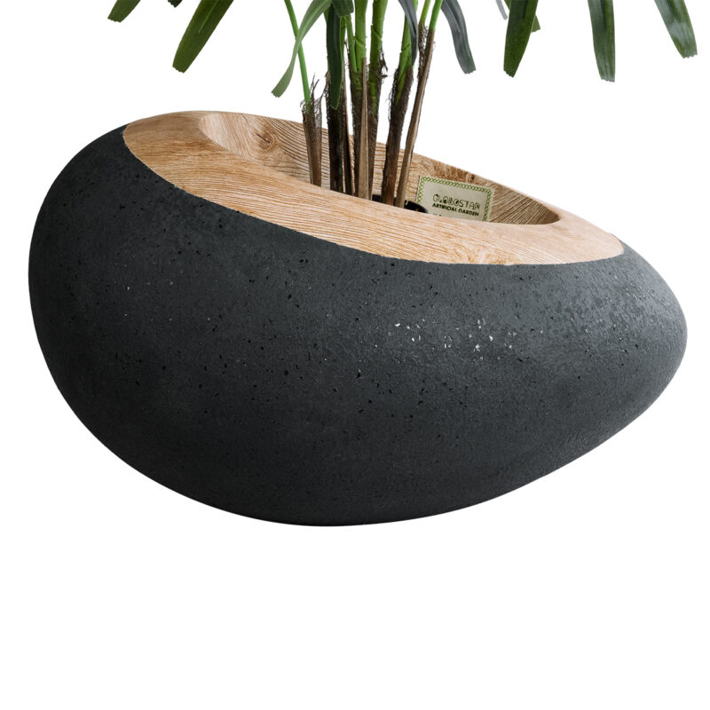 GloboStar® Artificial Garden RAVELLO 20746 Επιδαπέδιο Πολυεστερικό Τσιμεντένιο Κασπώ Γλάστρα – Flower Pot Μαύρο με Καφέ Μ82 x Π62 x Υ45cm