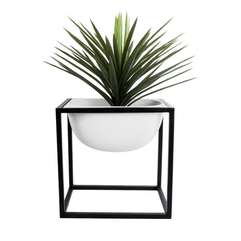 GloboStar® Artificial Garden FIORI 20754 Επιδαπέδιο Μεταλλικό Τσιμεντένιο Κασπώ Γλάστρα – Flower Pot Λευκό με Μαύρο Μ60 x Π40 x Υ60cm