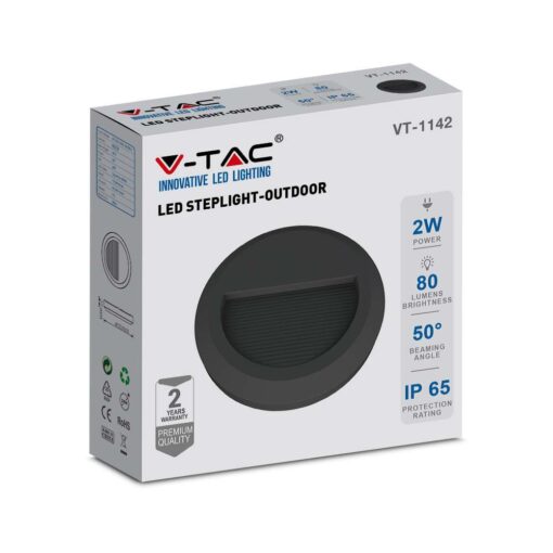 Επιτοίχιο Φωτιστικό LED για Σκαλοπάτια 2W V-TAC Μαύρο Στρογγυλό Αδιάβροχο IP65 Φυσικό 4000K – 211316