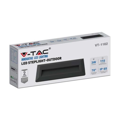 Επιτοίχιο Φωτιστικό LED για Σκαλοπάτια 3W V-TAC Μαύρο Ορθογώνιο Αδιάβροχο IP65 Θερμό 3000K – 211329