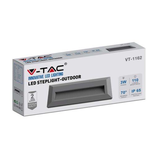 Επιτοίχιο Φωτιστικό LED για Σκαλοπάτια 3W V-TAC Γκρι Ορθογώνιο Αδιάβροχο IP65 Θερμό 3000K – 211331