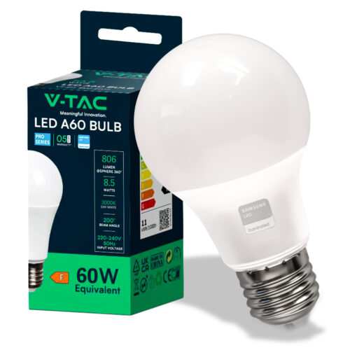 LED Λάμπα E27 A60 8.5W V-TAC PRO Samsung Chip 806lm Φυσικό Λευκό 4000K – 21229