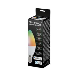 Wi-Fi Λάμπα LED 4.8W E14 Κεράκι V-TAC Smart Home 450lm 2700K-6400K+RGB – 212754