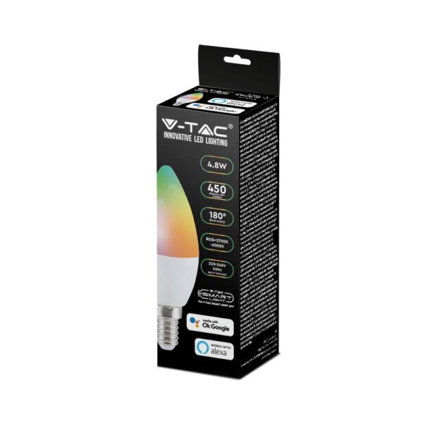 Wi-Fi Λάμπα LED 4.8W E14 Κεράκι V-TAC Smart Home 450lm 2700K-6400K+RGB – 212754