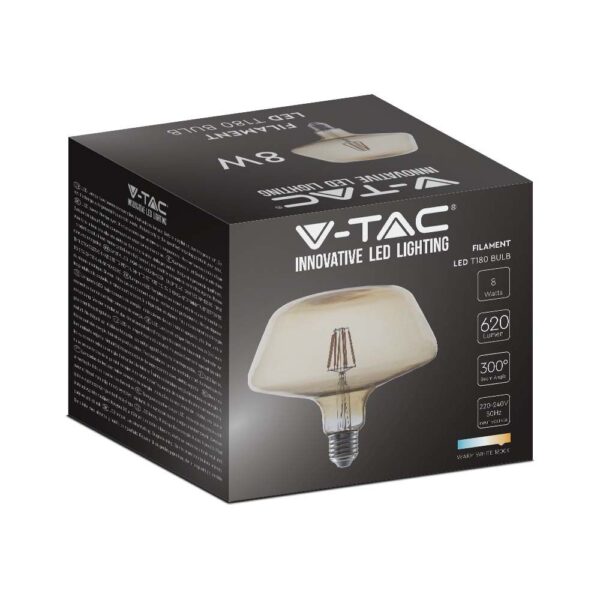 LED Λάμπα E27 T180 8W Filament Amber V-TAC 300° 620lm Θερμό Λευκό 2200Κ – 212790