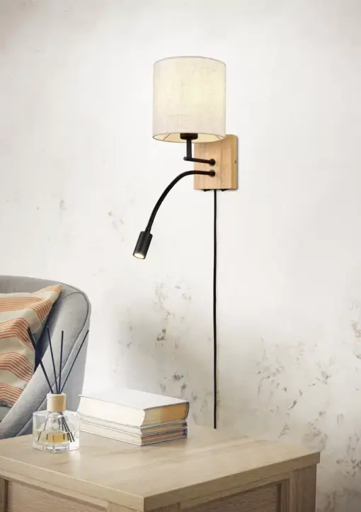 Trio Lighting 212879236 NILAM Φωτιστικό Τοίχου Ξύλο/Λευκό με Reader 3.1W 310lm 3000K + 1xE27