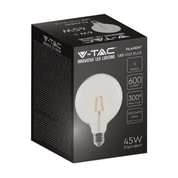LED Λάμπα E27 G125 6W Filament V-TAC Θερμό 3000K – 214304