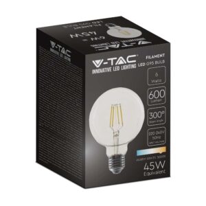 LED Λάμπα – 6W Filament E27 G95 Clear Cover V-TAC – 214305