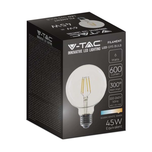 LED Λάμπα – 6W Filament E27 G95 Clear Cover V-TAC – 214305