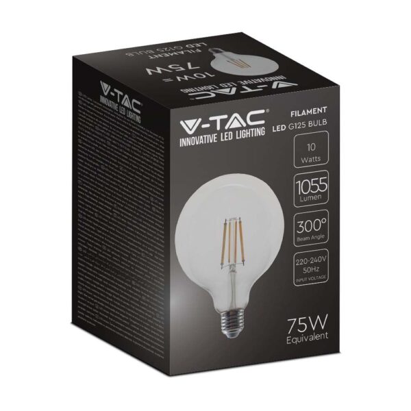 LED Λάμπα E27 G125 10W  Filament V-TAC 1055lm Θερμό 3000K – 214422
